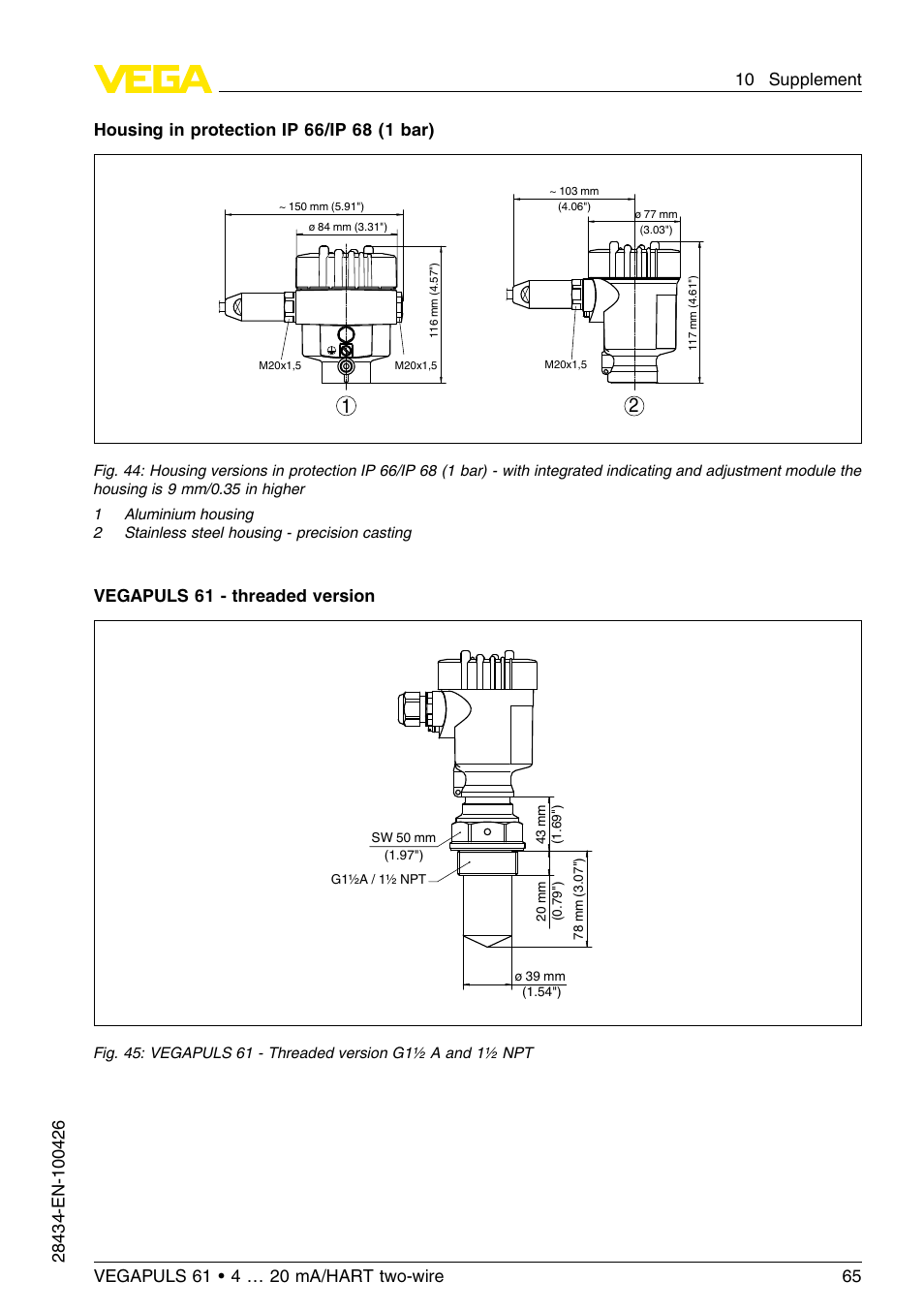 Vegapuls 61 - threaded version | VEGA VEGAPULS 61 (≥ 2.0.0 - ≤ 3.8) 4 … 20 mA__HART two-wire User Manual | Page 65 / 72