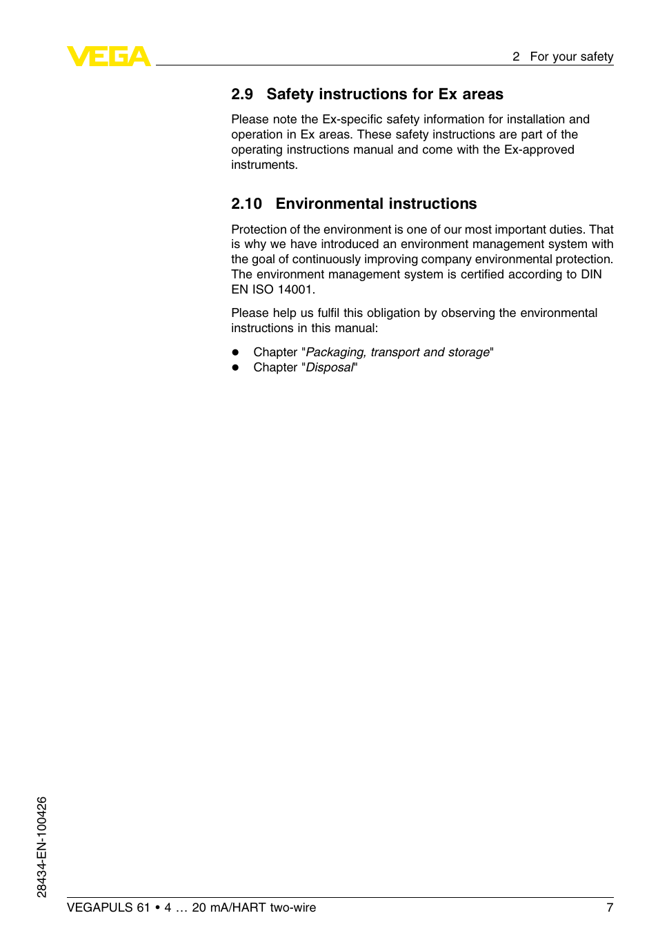 9 safety instructions for ex areas, 10 environmental instructions | VEGA VEGAPULS 61 (≥ 2.0.0 - ≤ 3.8) 4 … 20 mA__HART two-wire User Manual | Page 7 / 72
