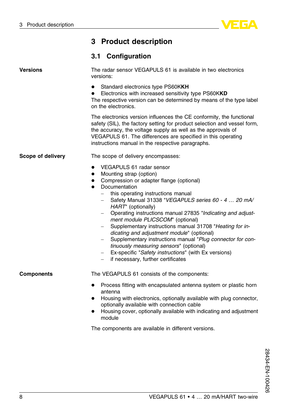 3 product description, 1 configuration, 3product description | 1 conﬁguration | VEGA VEGAPULS 61 (≥ 2.0.0 - ≤ 3.8) 4 … 20 mA__HART two-wire User Manual | Page 8 / 72