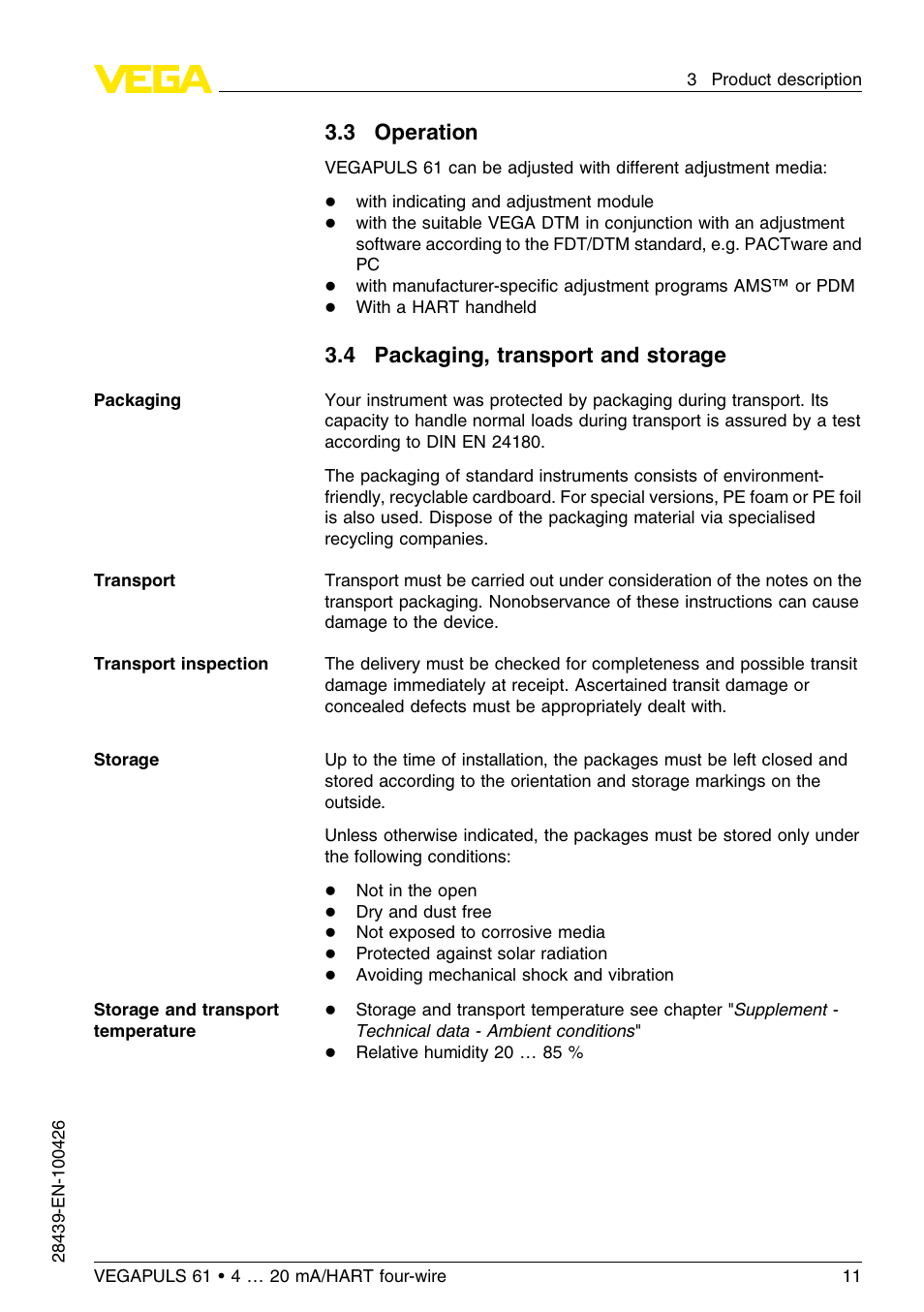 3 operation, 4 packaging, transport and storage | VEGA VEGAPULS 61 (≥ 2.0.0 - ≤ 3.8) 4 … 20 mA__HART four-wire User Manual | Page 11 / 64