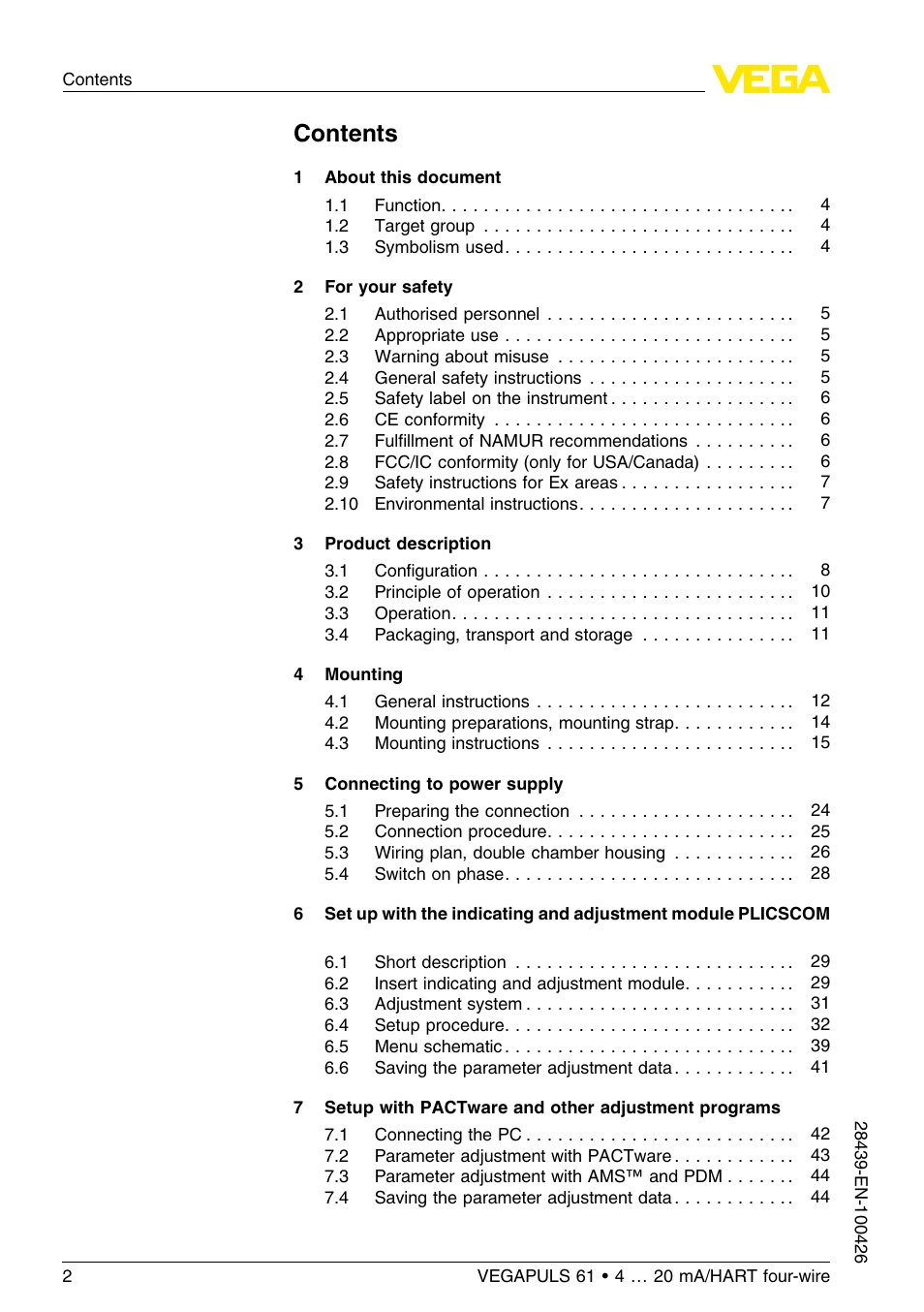 VEGA VEGAPULS 61 (≥ 2.0.0 - ≤ 3.8) 4 … 20 mA__HART four-wire User Manual | Page 2 / 64