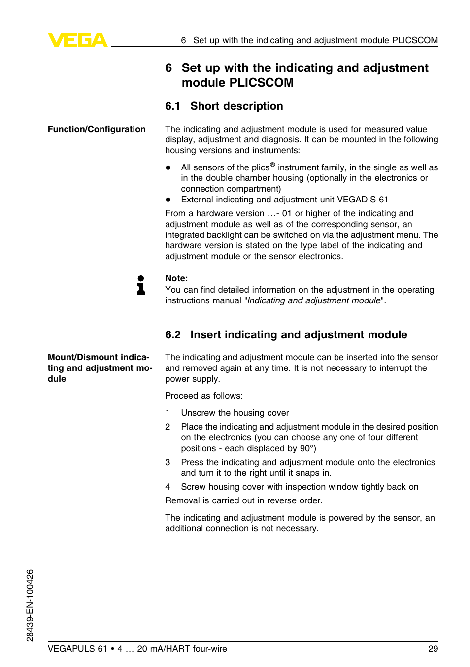 1 short description, 2 insert indicating and adjustment module | VEGA VEGAPULS 61 (≥ 2.0.0 - ≤ 3.8) 4 … 20 mA__HART four-wire User Manual | Page 29 / 64