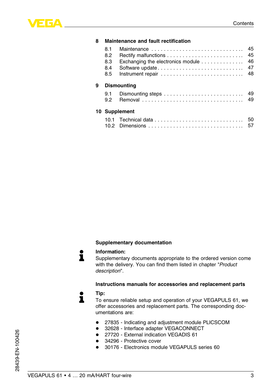 VEGA VEGAPULS 61 (≥ 2.0.0 - ≤ 3.8) 4 … 20 mA__HART four-wire User Manual | Page 3 / 64