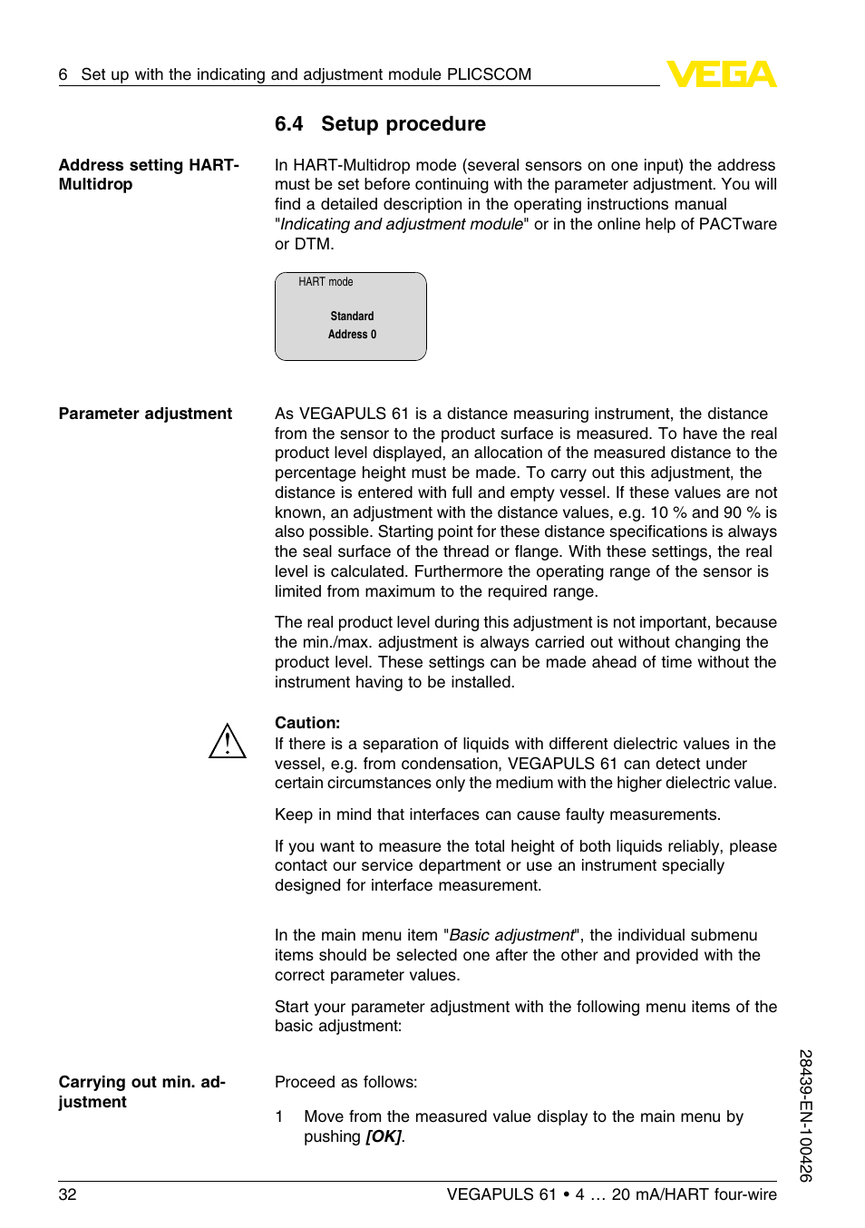 4 setup procedure | VEGA VEGAPULS 61 (≥ 2.0.0 - ≤ 3.8) 4 … 20 mA__HART four-wire User Manual | Page 32 / 64
