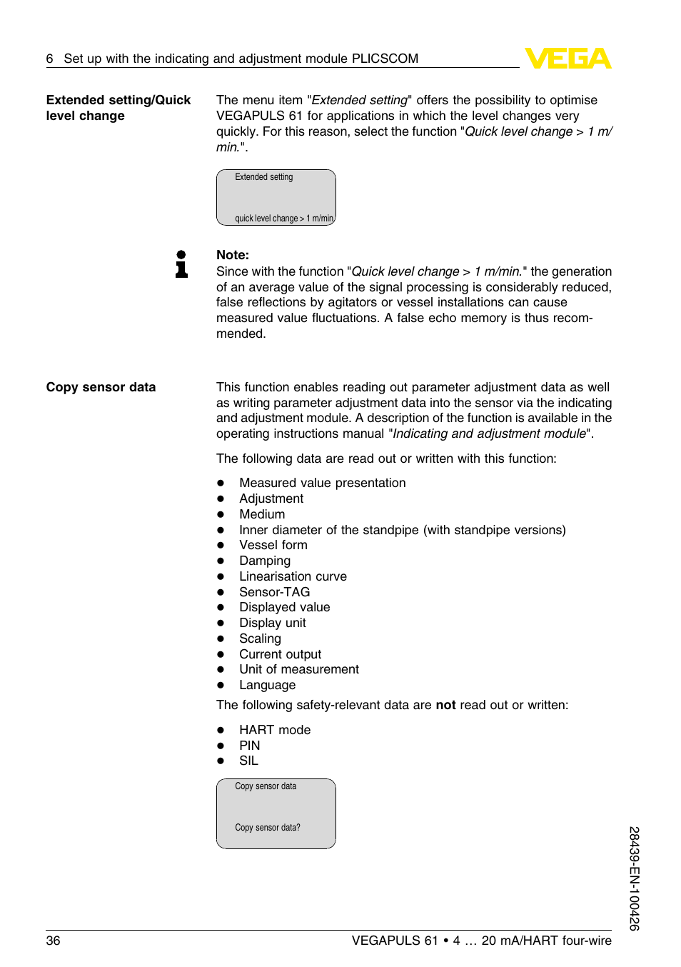 VEGA VEGAPULS 61 (≥ 2.0.0 - ≤ 3.8) 4 … 20 mA__HART four-wire User Manual | Page 36 / 64