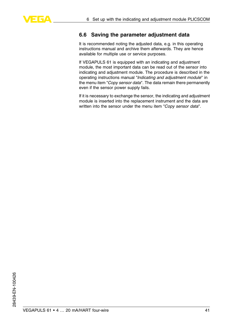 6 saving the parameter adjustment data | VEGA VEGAPULS 61 (≥ 2.0.0 - ≤ 3.8) 4 … 20 mA__HART four-wire User Manual | Page 41 / 64