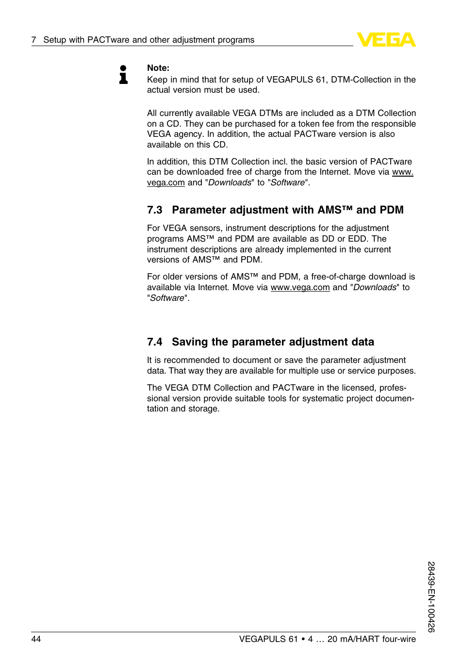 3 parameter adjustment with ams™ and pdm, 4 saving the parameter adjustment data | VEGA VEGAPULS 61 (≥ 2.0.0 - ≤ 3.8) 4 … 20 mA__HART four-wire User Manual | Page 44 / 64