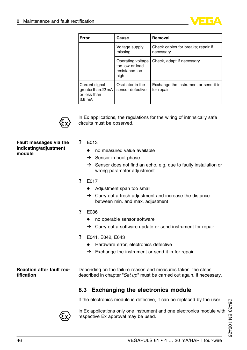 3 exchanging the electronics module | VEGA VEGAPULS 61 (≥ 2.0.0 - ≤ 3.8) 4 … 20 mA__HART four-wire User Manual | Page 46 / 64