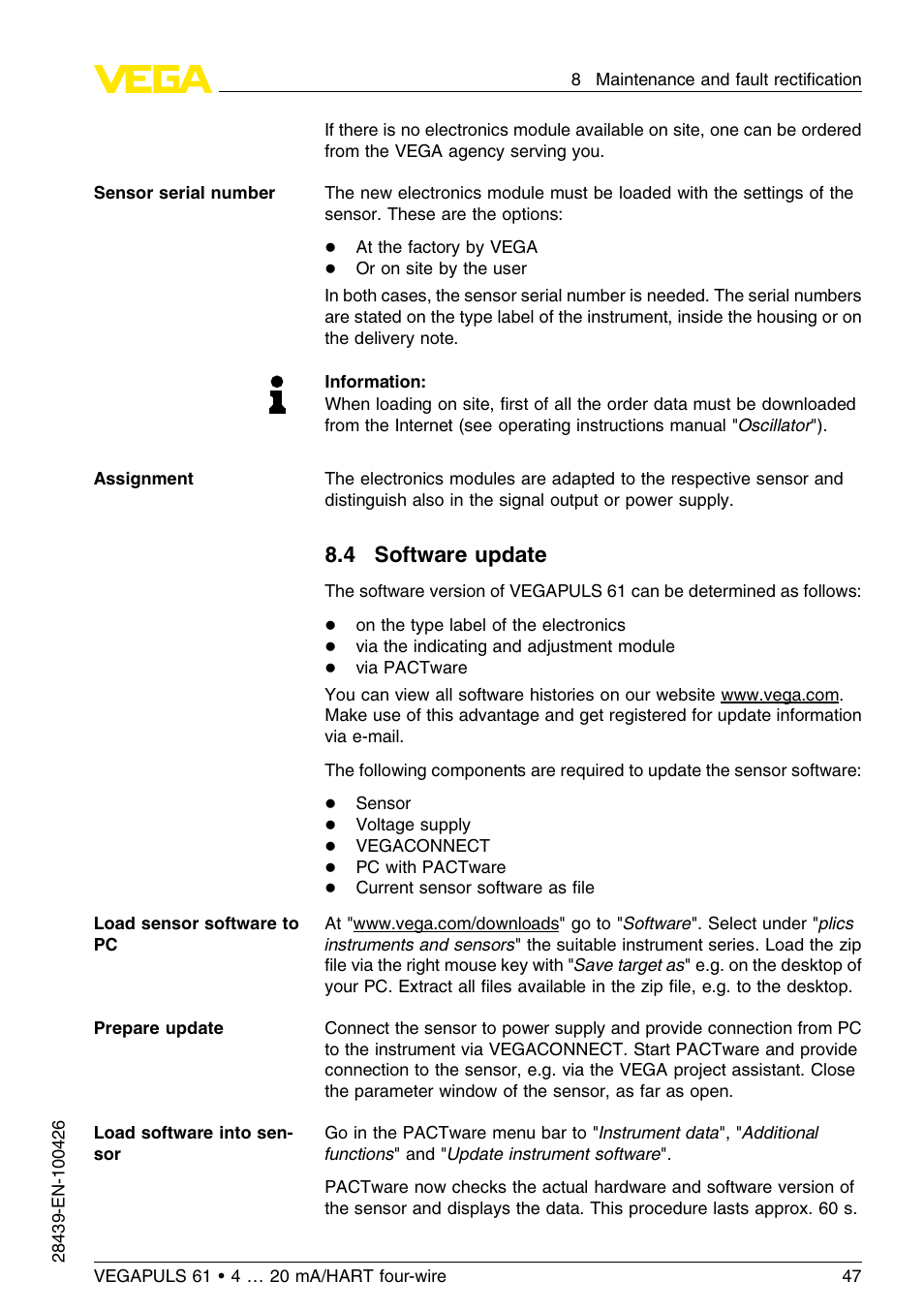 4 software update | VEGA VEGAPULS 61 (≥ 2.0.0 - ≤ 3.8) 4 … 20 mA__HART four-wire User Manual | Page 47 / 64