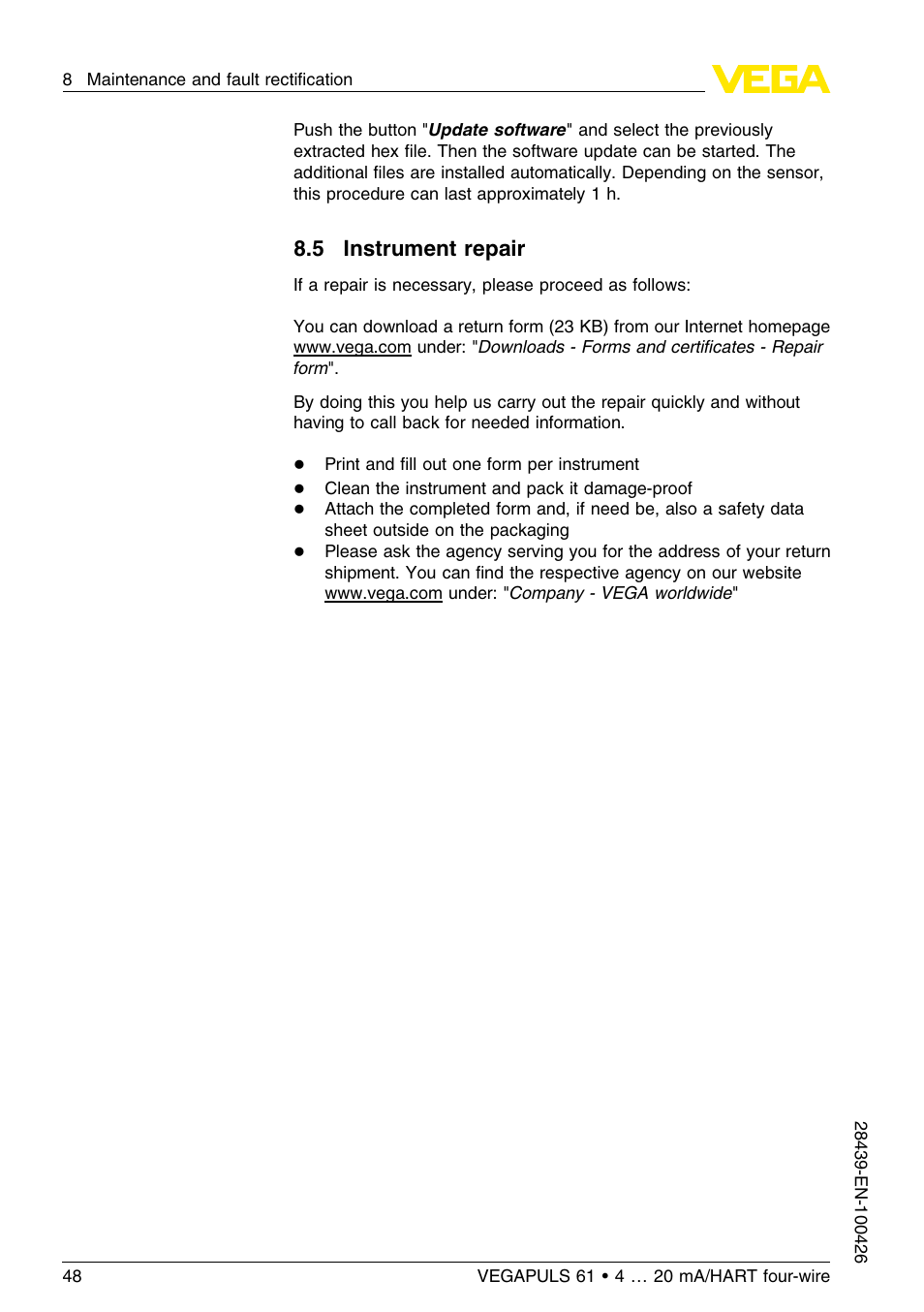 5 instrument repair | VEGA VEGAPULS 61 (≥ 2.0.0 - ≤ 3.8) 4 … 20 mA__HART four-wire User Manual | Page 48 / 64