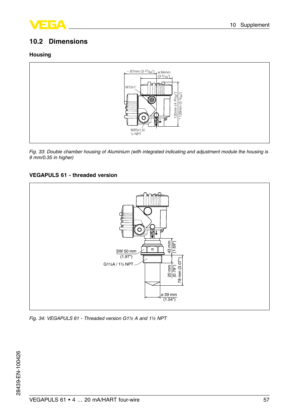 2 dimensions, 10 .2 dimensions, Housing | Vegapuls 61 - threaded version | VEGA VEGAPULS 61 (≥ 2.0.0 - ≤ 3.8) 4 … 20 mA__HART four-wire User Manual | Page 57 / 64