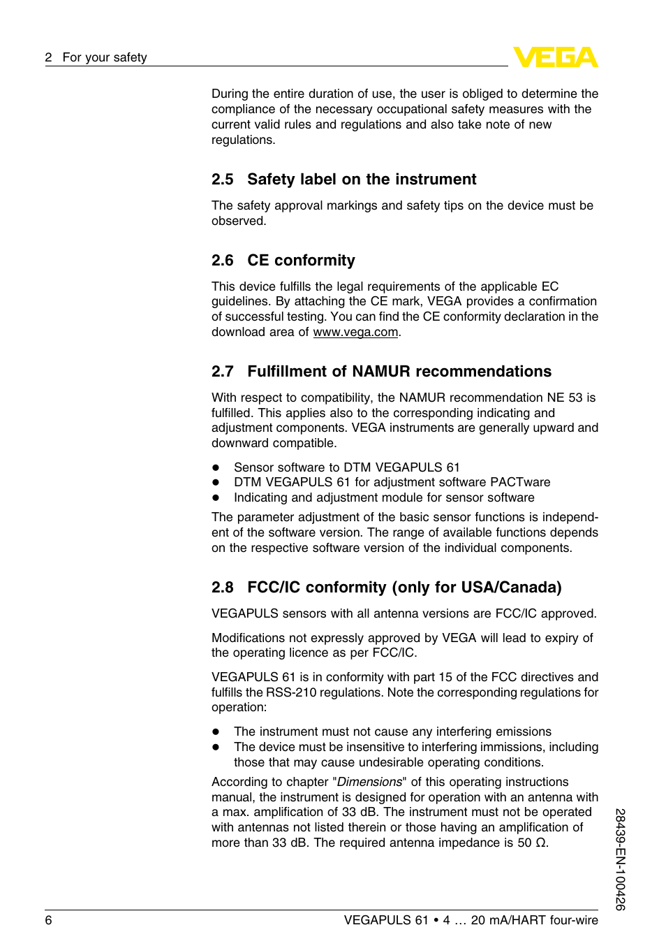 5 safety label on the instrument, 6 ce conformity, 7 fulfillment of namur recommendations | 8 fcc/ic conformity (only for usa/canada), 7 fulﬁllment of namur recommendations | VEGA VEGAPULS 61 (≥ 2.0.0 - ≤ 3.8) 4 … 20 mA__HART four-wire User Manual | Page 6 / 64