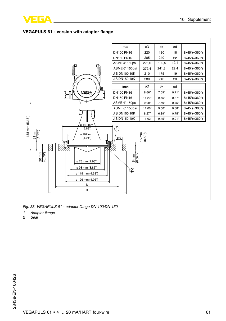 Vegapuls 61 - version with adapter ﬂange | VEGA VEGAPULS 61 (≥ 2.0.0 - ≤ 3.8) 4 … 20 mA__HART four-wire User Manual | Page 61 / 64