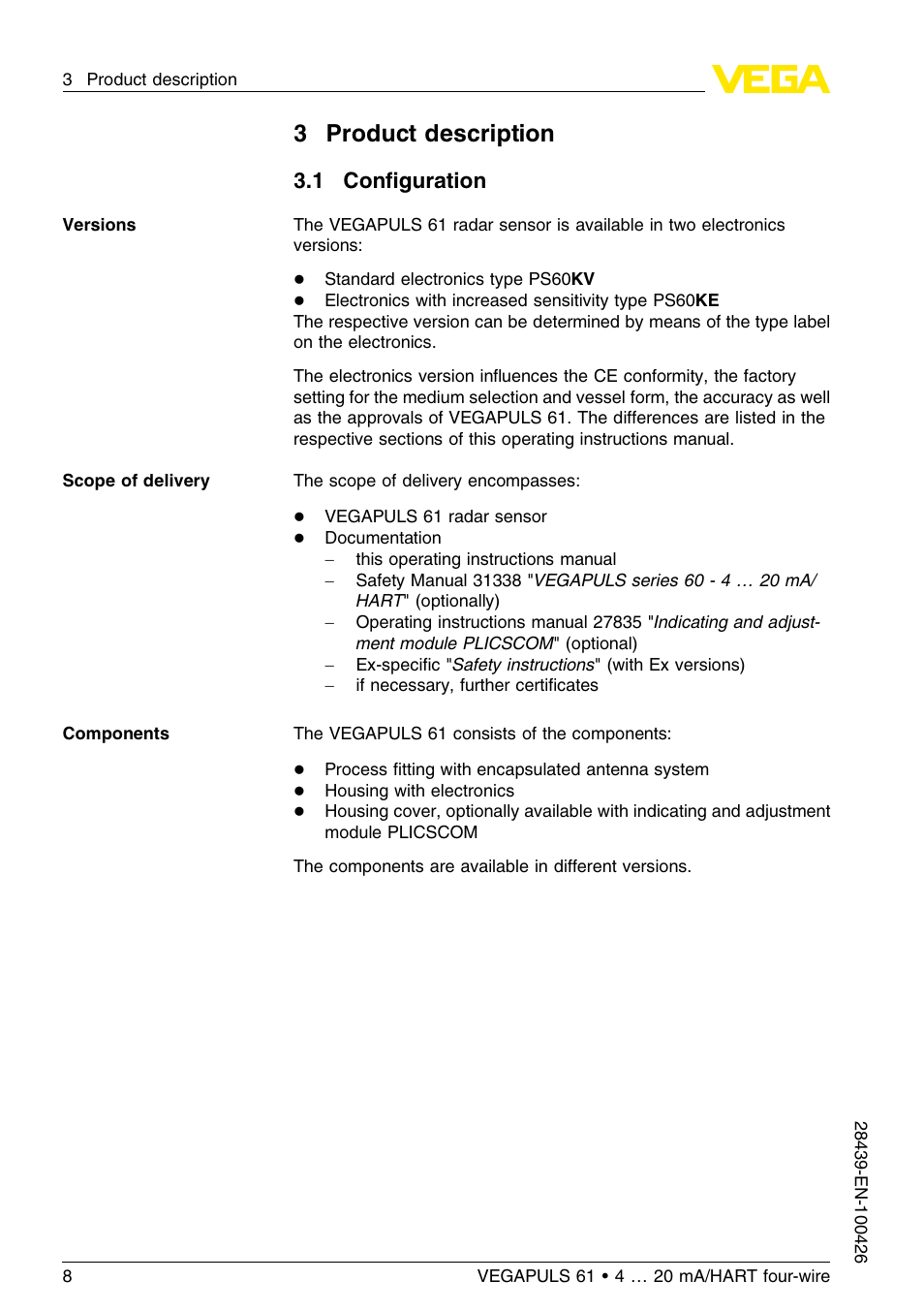 3 product description, 1 configuration, 3product description | 1 conﬁguration | VEGA VEGAPULS 61 (≥ 2.0.0 - ≤ 3.8) 4 … 20 mA__HART four-wire User Manual | Page 8 / 64