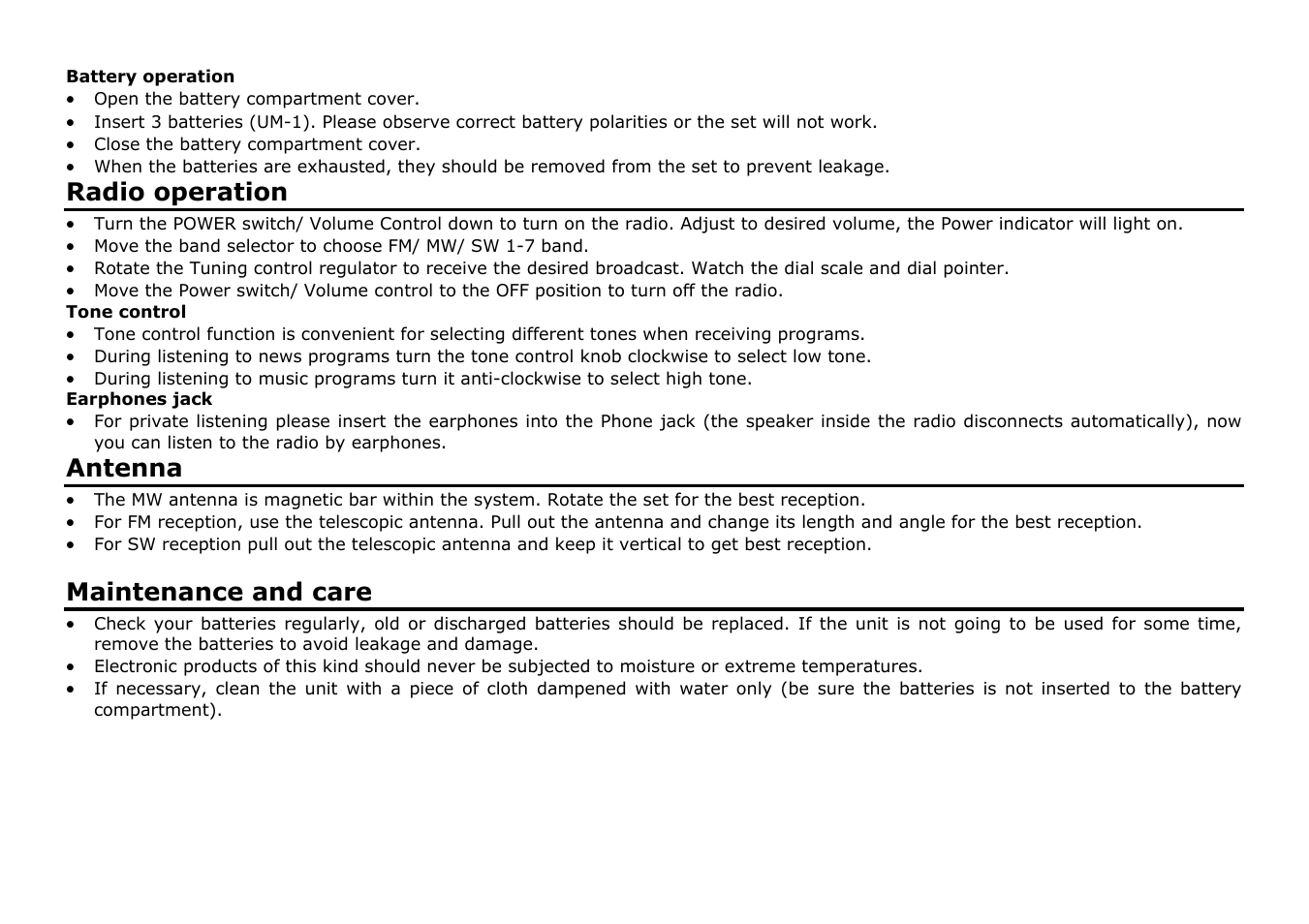 Radio operation, Antenna, Maintenance and care | SoundMax SM-2602 User Manual | Page 3 / 7