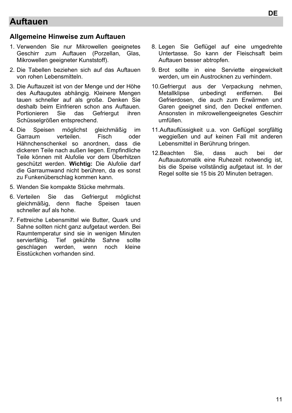 Auftauen | Gorenje BM 1120 AX User Manual | Page 13 / 100