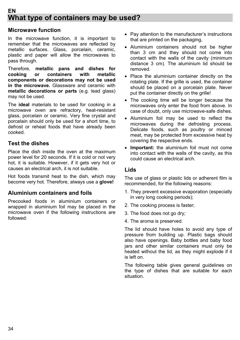 What type of containers may be used | Gorenje BM 1120 AX User Manual | Page 36 / 100