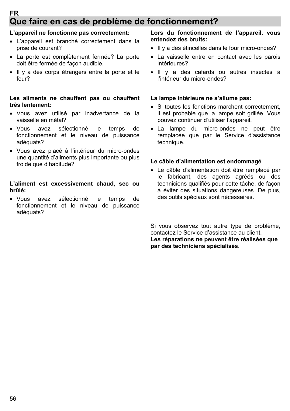 Que faire en cas de problème de fonctionnement | Gorenje BM 1120 AX User Manual | Page 58 / 100