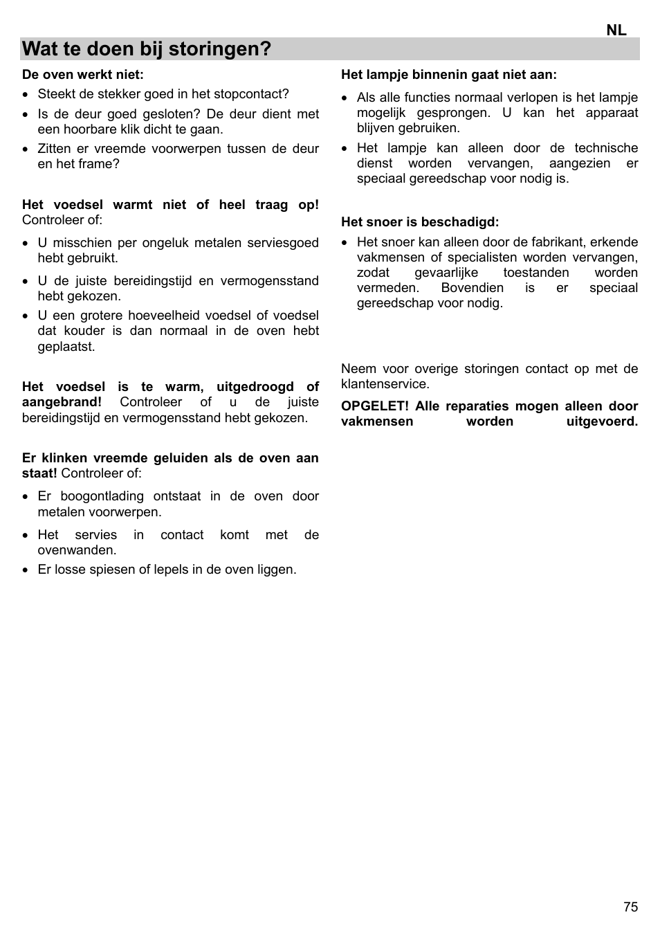 Wat te doen bij storingen | Gorenje BM 1120 AX User Manual | Page 77 / 100