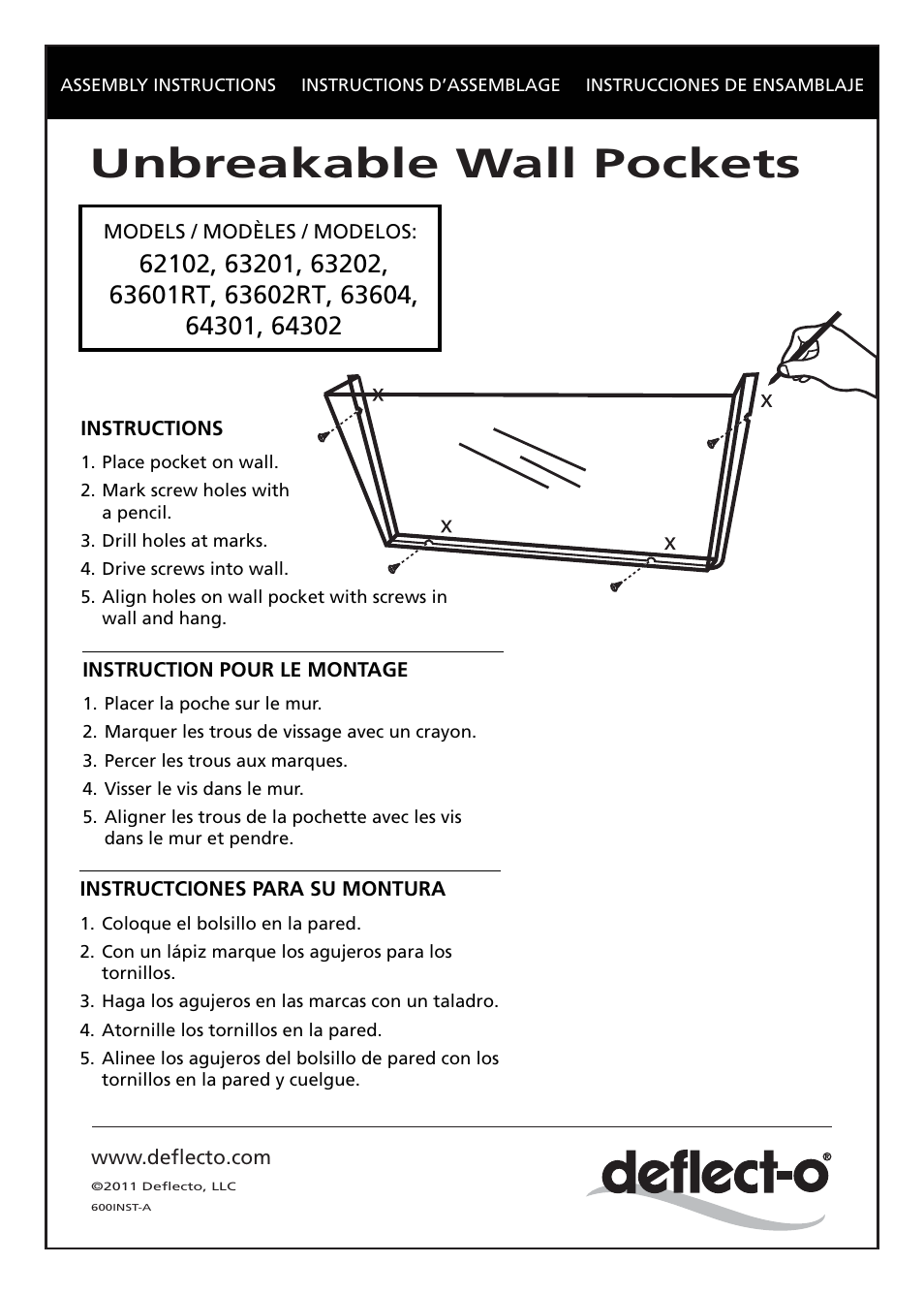 Deflecto 64xxx Series Unbreakable Wall Pockets es User Manual | 1 page