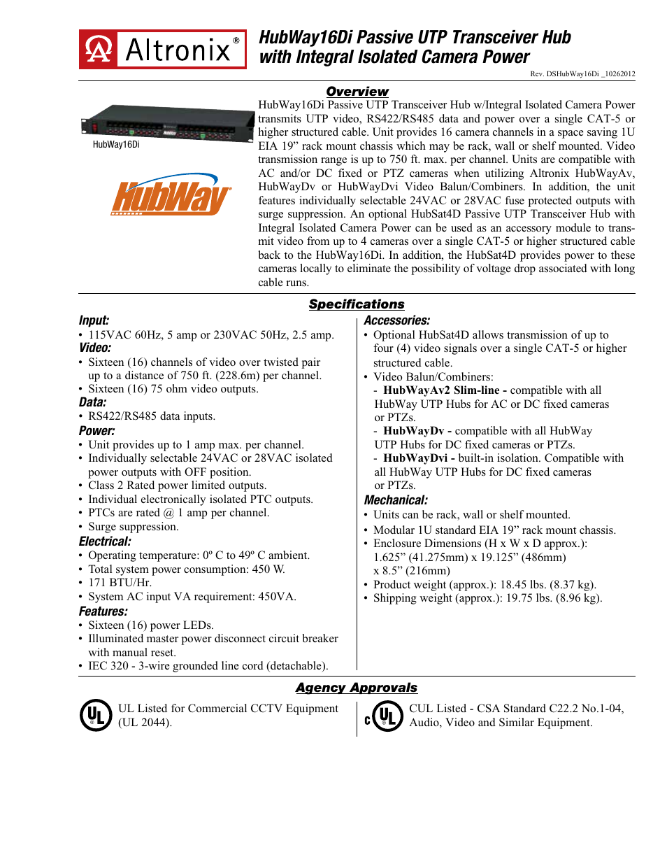Altronix HubWay 16Di Data Sheet User Manual | 2 pages