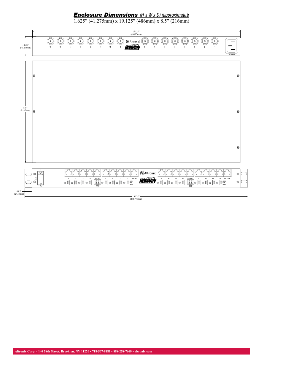 Enclosure dimensions | Altronix HubWay 16Di Data Sheet User Manual | Page 2 / 2