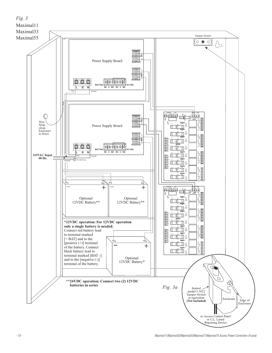 Optional 12vdc battery** optional 12vdc battery, Power supply board | Altronix Maximal77 Installation Instructions User Manual | Page 10 / 20