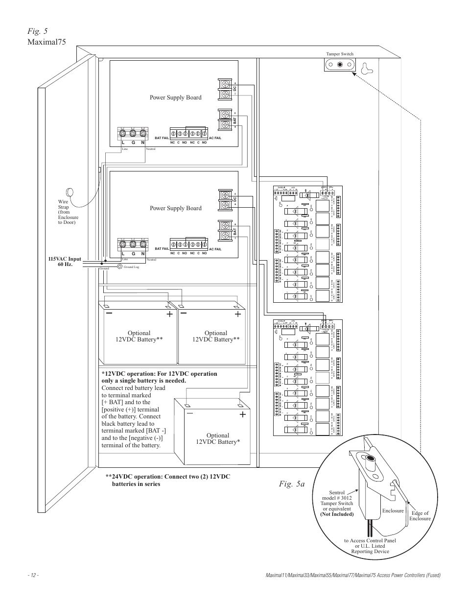Fig. 5 maximal75, Fig. 5a, Optional 12vdc battery** optional 12vdc battery | Power supply board | Altronix Maximal77 Installation Instructions User Manual | Page 12 / 20