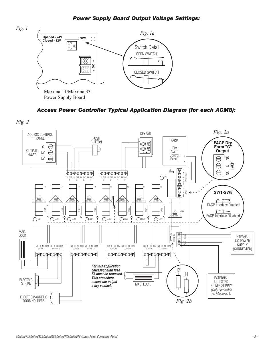 J2 j1, Power supply board output voltage settings, Switch detail | No c nc facp, Open switch closed switch | Altronix Maximal77 Installation Instructions User Manual | Page 9 / 20