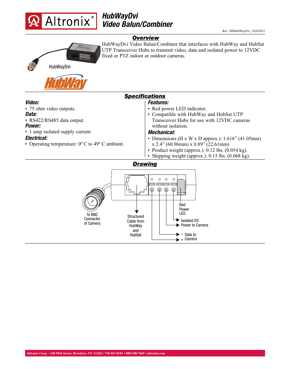 Altronix HubWay Dvi Data Sheet User Manual | 1 page