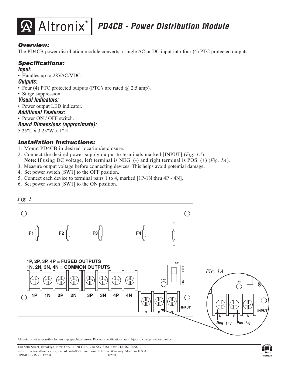 Altronix PD4CB Installation Instructions User Manual | 1 page