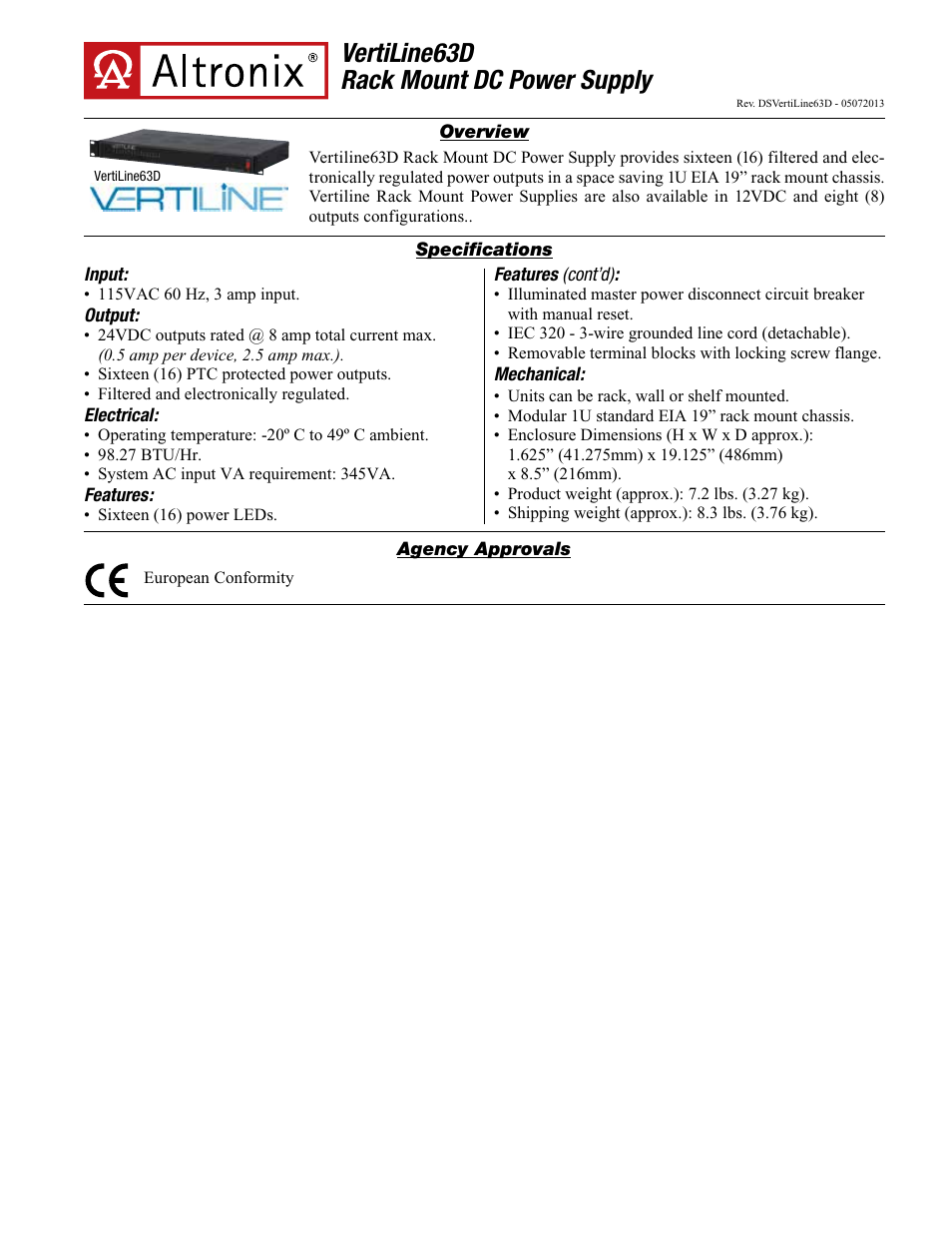 Altronix VertiLine63D Data Sheet User Manual | 2 pages