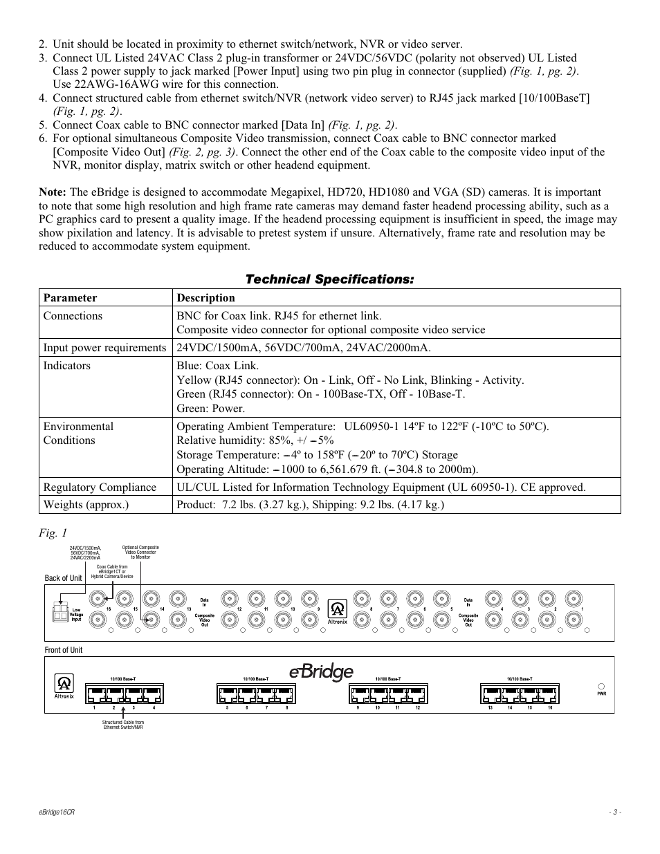 Technical specifications | Altronix eBridge16CR Installation Instructions User Manual | Page 3 / 8