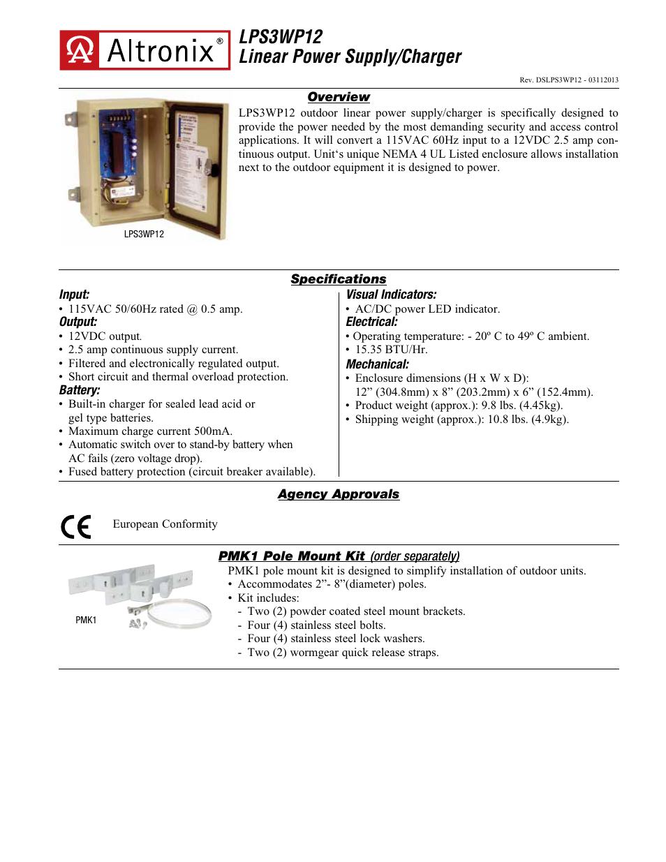 Altronix LPS3WP12 Data Sheet User Manual | 2 pages