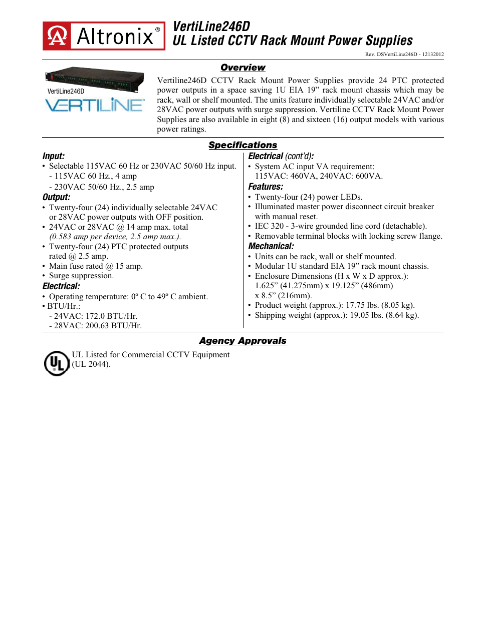 Altronix VertiLine246D Data Sheet User Manual | 2 pages
