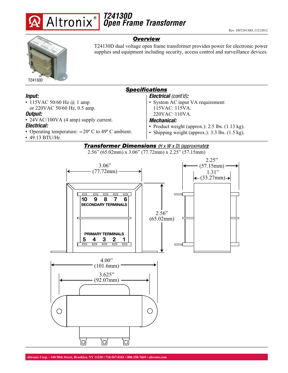 Altronix T24130D Data Sheet User Manual | 1 page