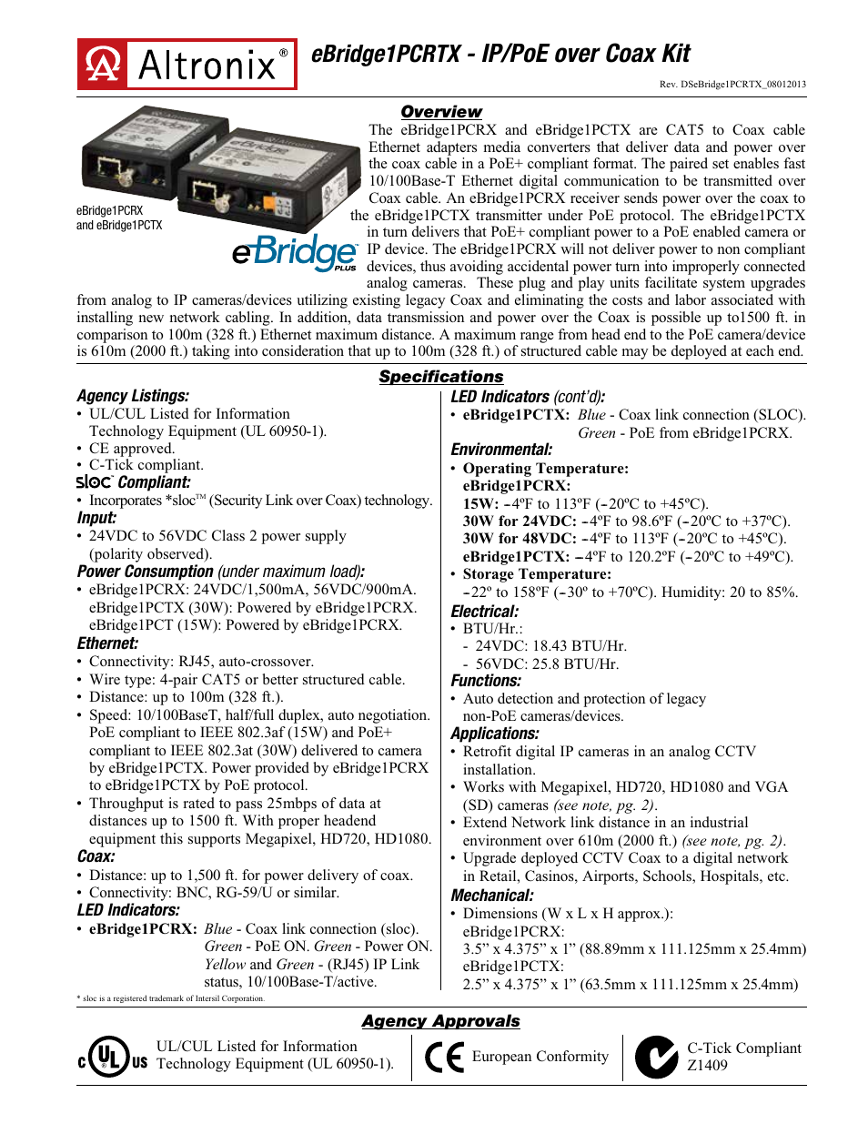 Altronix eBridge1PCRTX Data Sheet User Manual | 2 pages