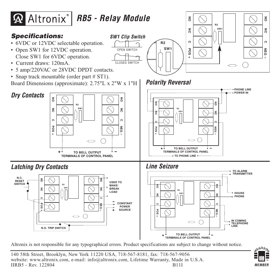 Altronix RB5 Installation Instructions User Manual | 1 page