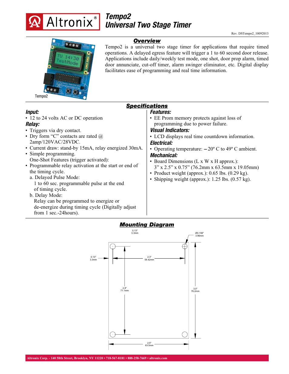 Altronix Tempo2 Data Sheet User Manual | 1 page