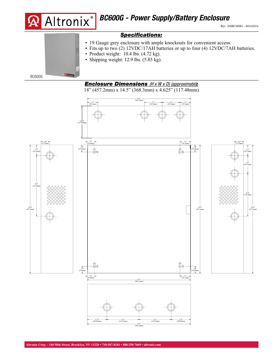 Altronix BC600G Data Sheet User Manual | 1 page