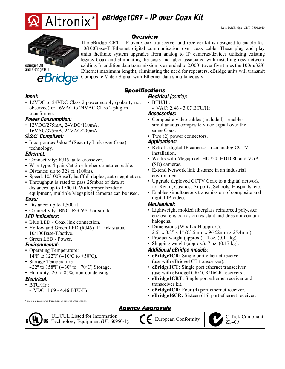 Altronix eBridge1CRT Data Sheet User Manual | 2 pages