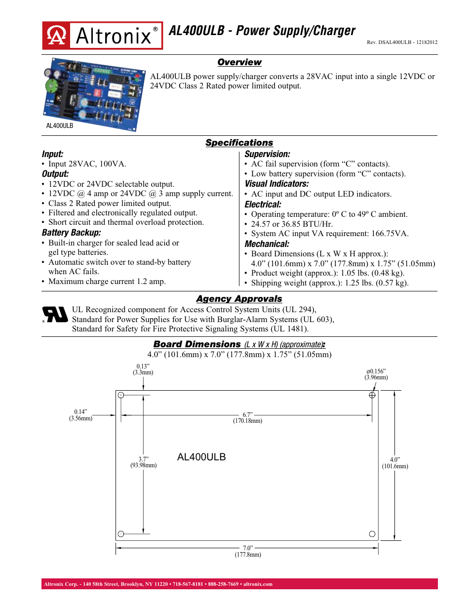 Altronix AL400ULB Data Sheet User Manual | 1 page