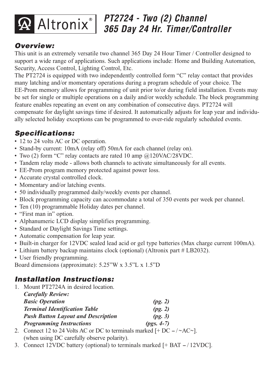 Altronix PT2724 Installation Instructions User Manual | 8 pages