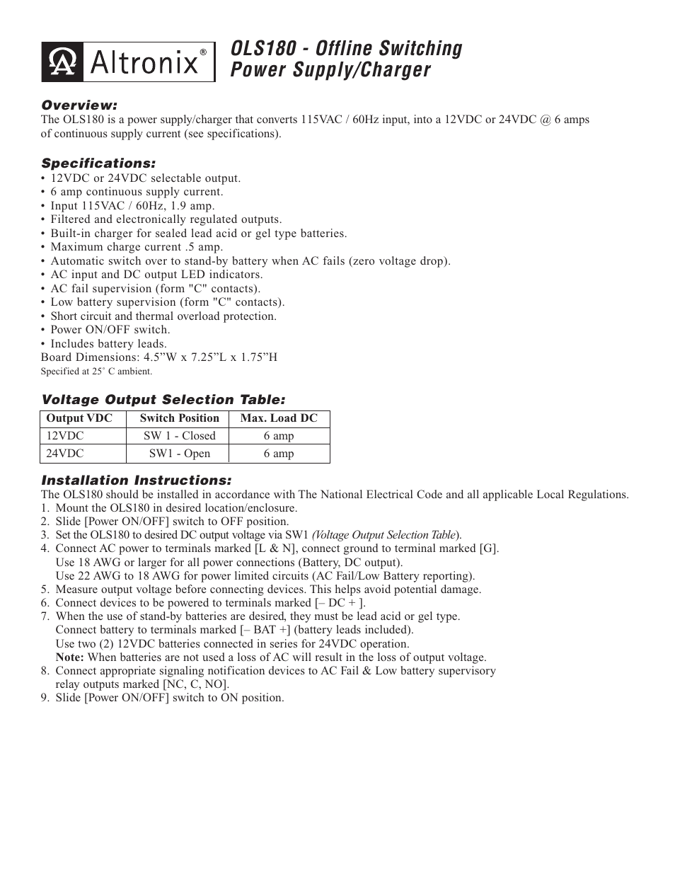 Altronix OLS180 Installation Instructions User Manual | 2 pages