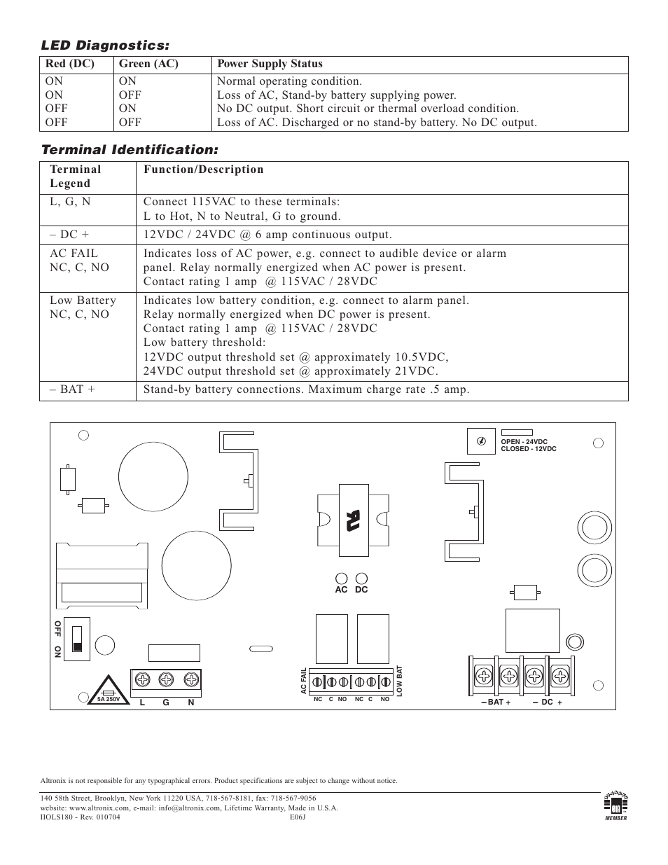 Led diagnostics, Terminal identification | Altronix OLS180 Installation Instructions User Manual | Page 2 / 2