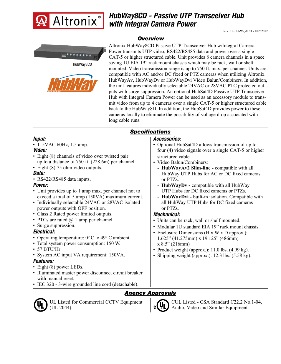 Altronix HubWay 8CD Data Sheet User Manual | 2 pages