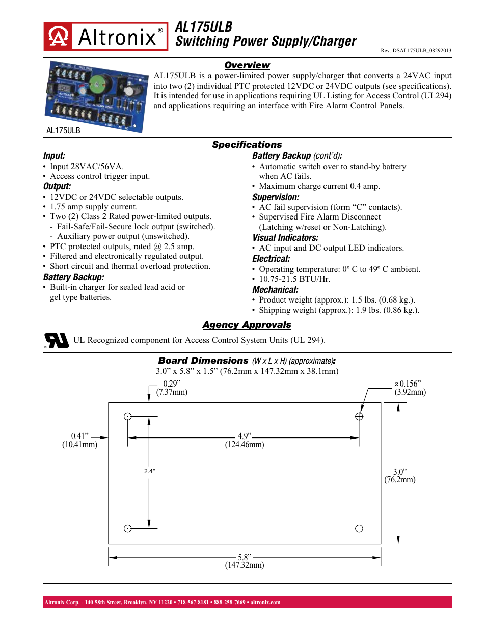 Altronix AL175ULB Data Sheet User Manual | 1 page