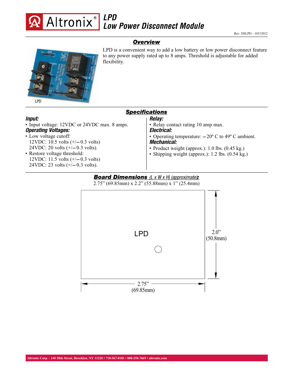 Altronix LPD Data Sheet User Manual | 1 page