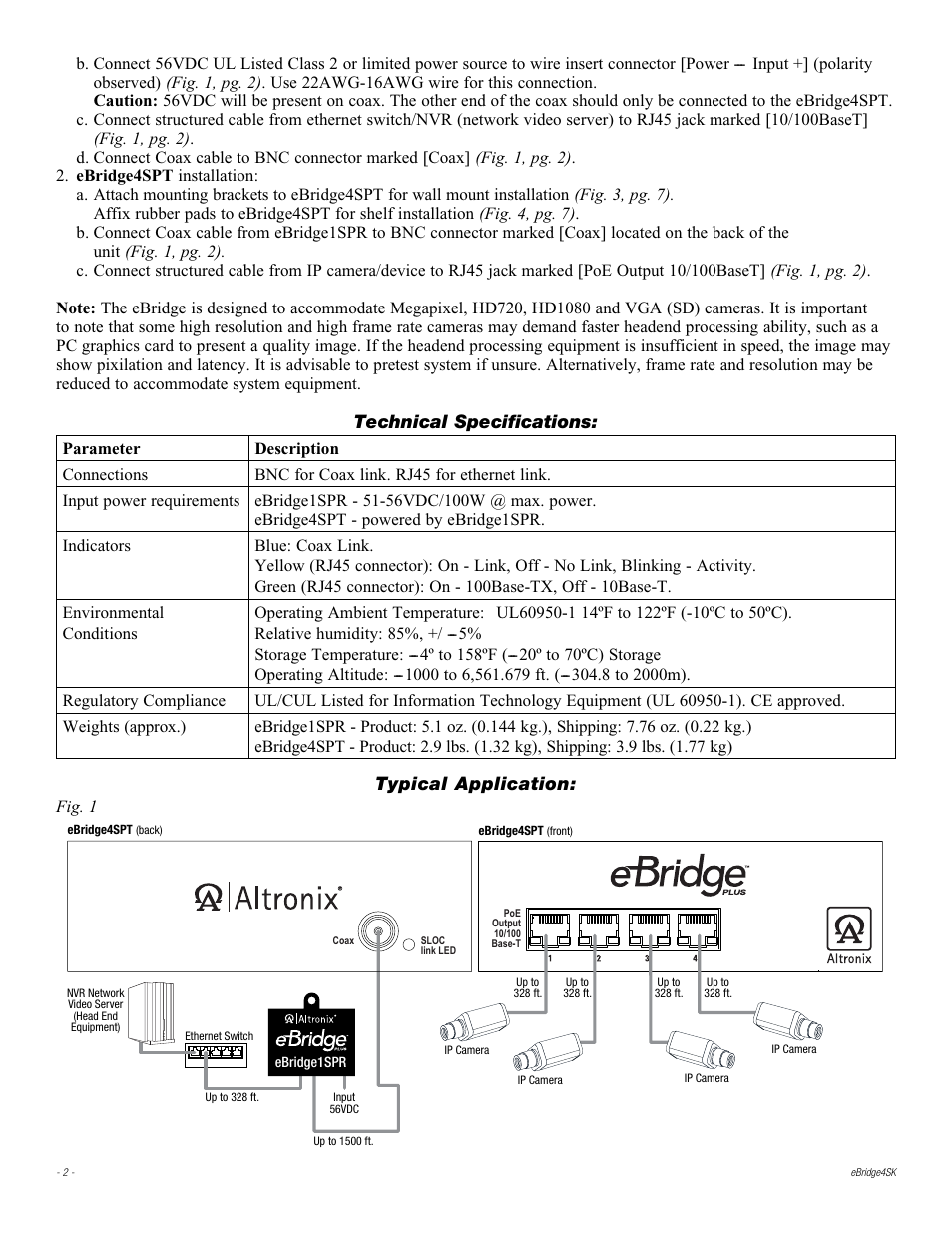 Technical specifications, Typical application | Altronix eBridge4SPT Installation Instructions User Manual | Page 2 / 8