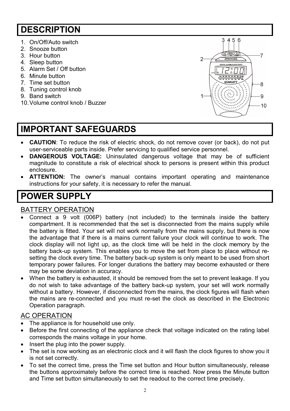 Description, Important safeguards, Power supply | Scarlett SC-4005 User Manual | Page 2 / 6